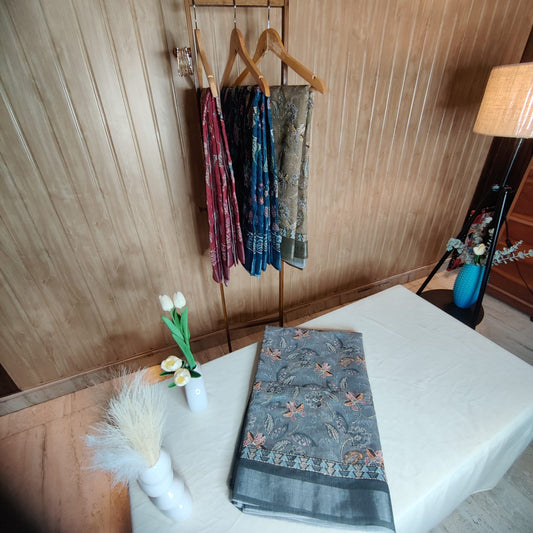 Gray Kantha Work Cotton Saree