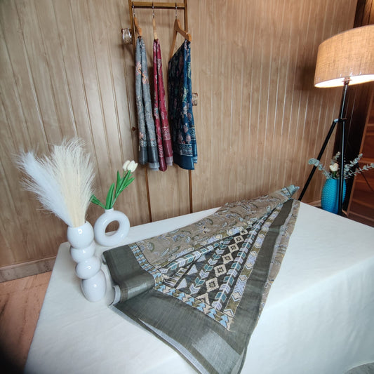 Green Kantha Work Cotton Saree