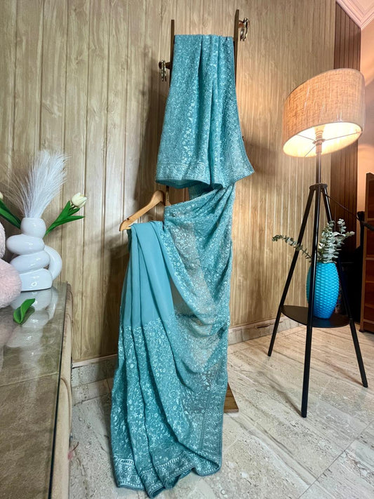 Chikankari Sky Blue Saree