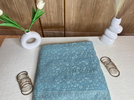 Chikankari Sky Blue Saree