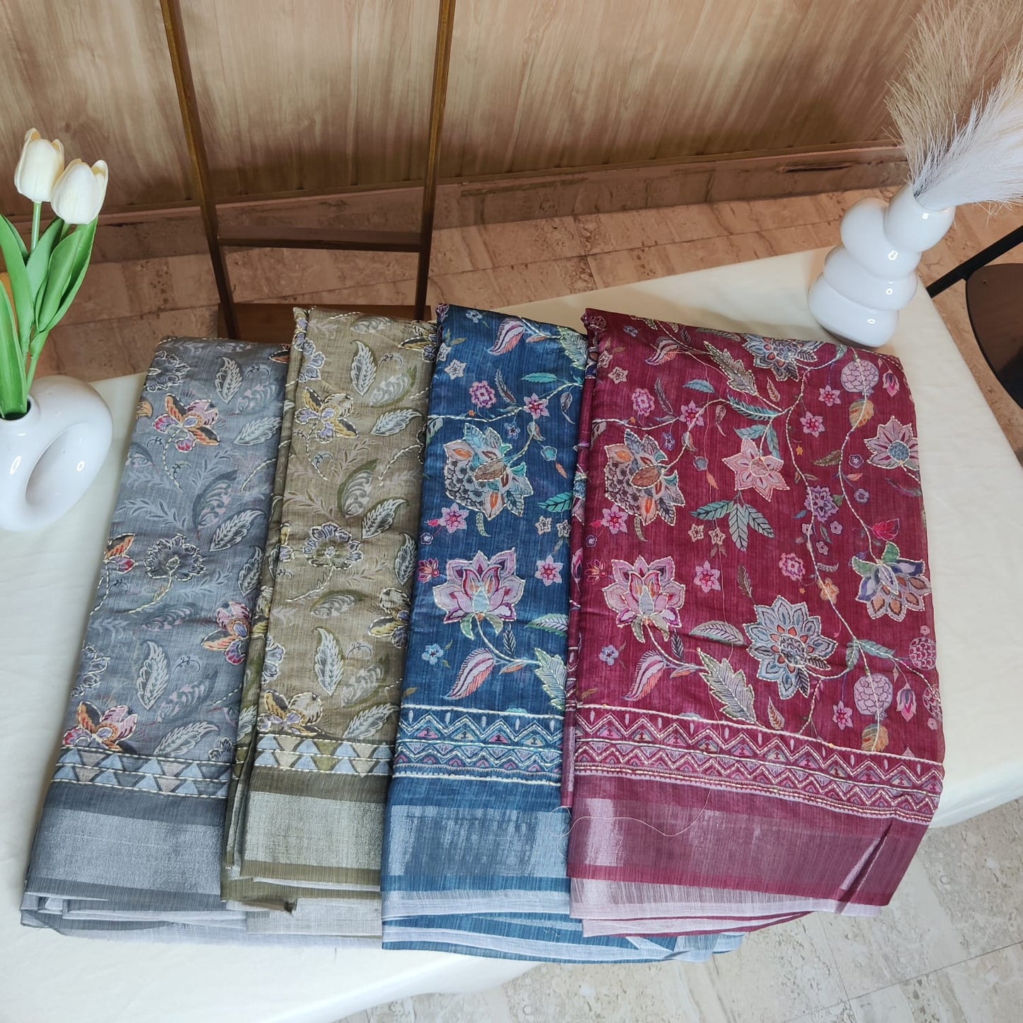 Gray Kantha Work Cotton Saree