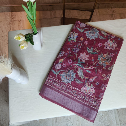 Maroon Kantha Work Cotton Saree