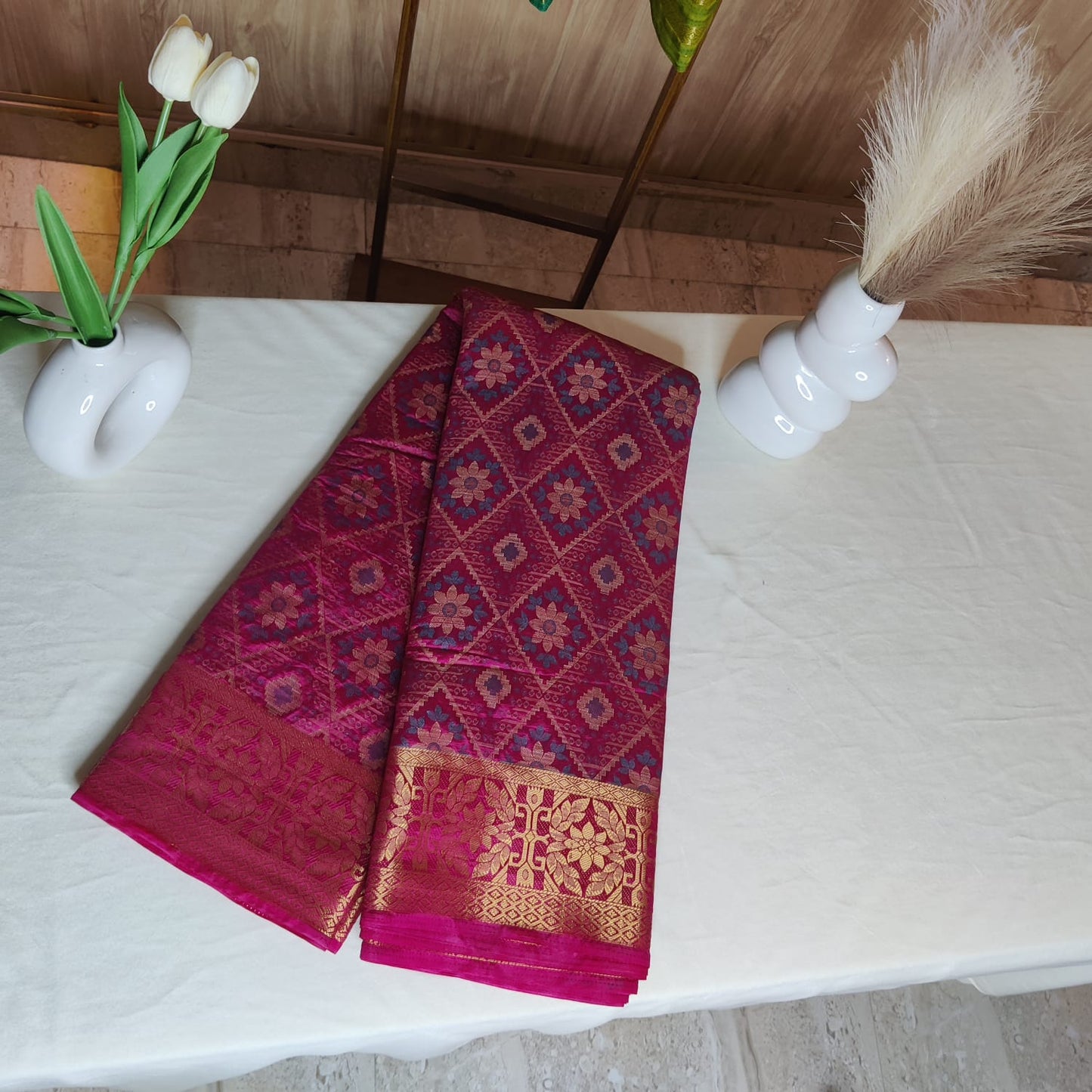 Pink Saree with Golden Border