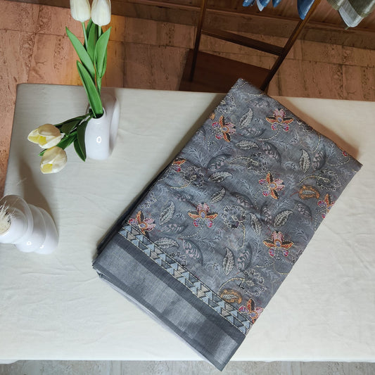 Gray Kantha Work Cotton Saree