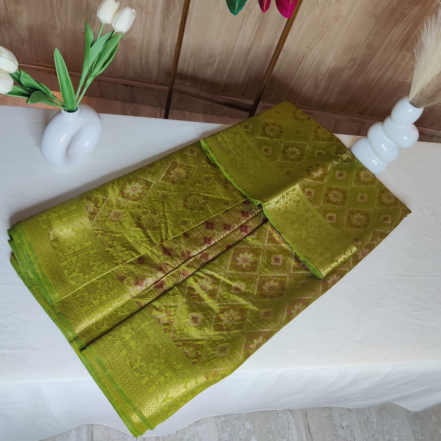 Mehendi Green Saree with Golden Border